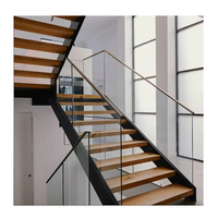 Villa 2 côtés plaque d'acier limon droit sous-sol escaliers en forme de U escaliers en bois main courante escalier en chêne blanc avec lumière led