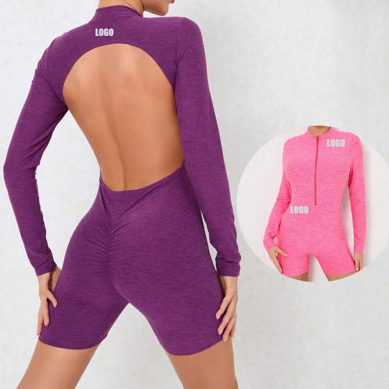 SHINBENE Romper lengan panjang untuk wanita, jumpsuit pendek punggung terbuka seksi, Scrunch ritsleting, Bodysuit untuk wanita