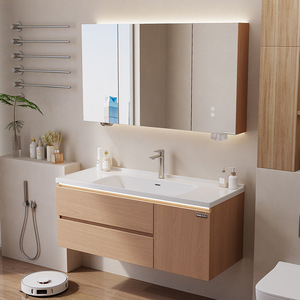 Walnut color simple modern thermal curved integrated ceramic basin bathroom cabinet washbasin - Product Image 2