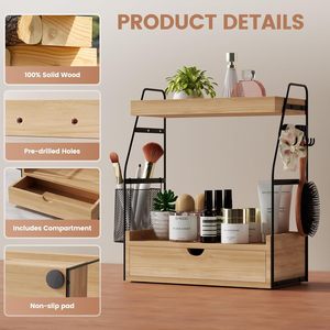 Organizador de Baño de 2 Niveles con Cajón y Cesta, Bandeja de Madera para Tocador, Accesorios para Estante de Encimera - Product Image 3