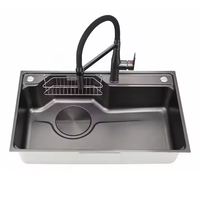 Ensemble d'évier de cuisine moderne à une seule cuvette, noir nano, évier de cuisine multifonctionnel simple installé sur comptoir en acier inoxydable