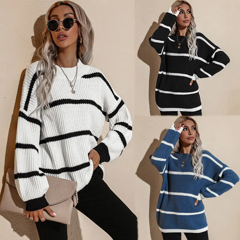 2022 Autumn Winter New Round Neck Retro Loose Striped Pullover Knitted Sweater