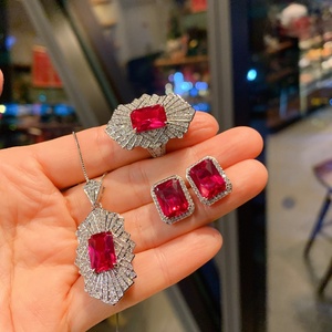 Fashion Eco-friendly Copper 8*12mm Red Zircon Creative Necklace and Ear Rings <b>Set</b> Fashion Jewelry <b>Sets</b> for Women Waterproof - Product Image 1