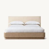 Lit plateforme pour hôtel et maison avec cadre en bois moderne rembourré en tissu, tête de lit crème, tailles Queen et King, mobilier de chambre
