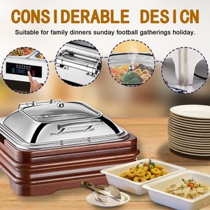 YITIAN Cuadrado de lujo Base de asiento de madera de acero inoxidable Visual Chafing Dish hHotel Buffet Catering Set Warmer - Product Image 5