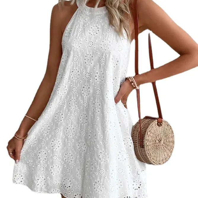 Nieuwe 2024 Zomer Mouwloze Strandkleding Dames Elegante Rugloze Witte Katoenen Jurken