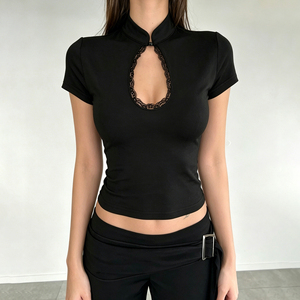 Women's Black Lace Trim <b>Mock</b> <b>Neck</b> <b>Top</b> Short Sleeve Keyhole Cutout Blouse Slim Fit Elegant Casual Tee - Product Image 1
