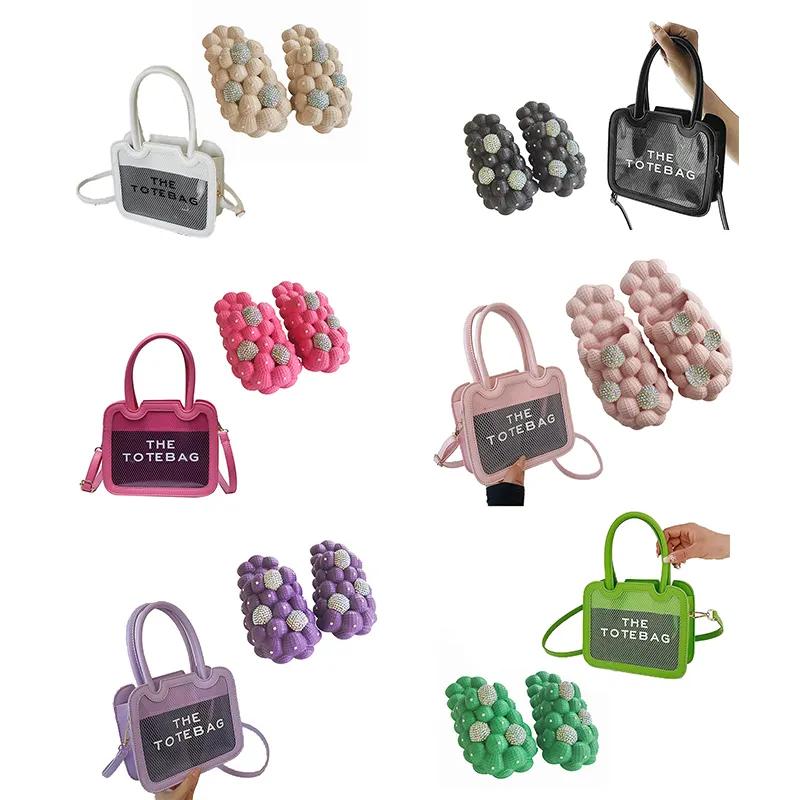 Wholesale New 2022 Custom Rhinestone Bubble Slides Green Black EVA Slippers and Fashion The Tote Bag Purse Set for Women