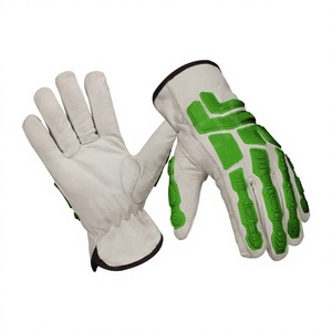 Guantes de Trabajo Resistentes a Impactos para Mecánicos, Cuero de Cabra Blanco, Dorso de Goma TPR Verde, para Trabajos de Construcción - Product Image 1