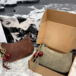 Vintage <b>Lady</b> Suede Shoulder Bag Crescent <b>Purse</b> Coaching Handbag Tassel Cherry Pendant <b>Leather</b> Lining for Daily Wear - Product Image 1
