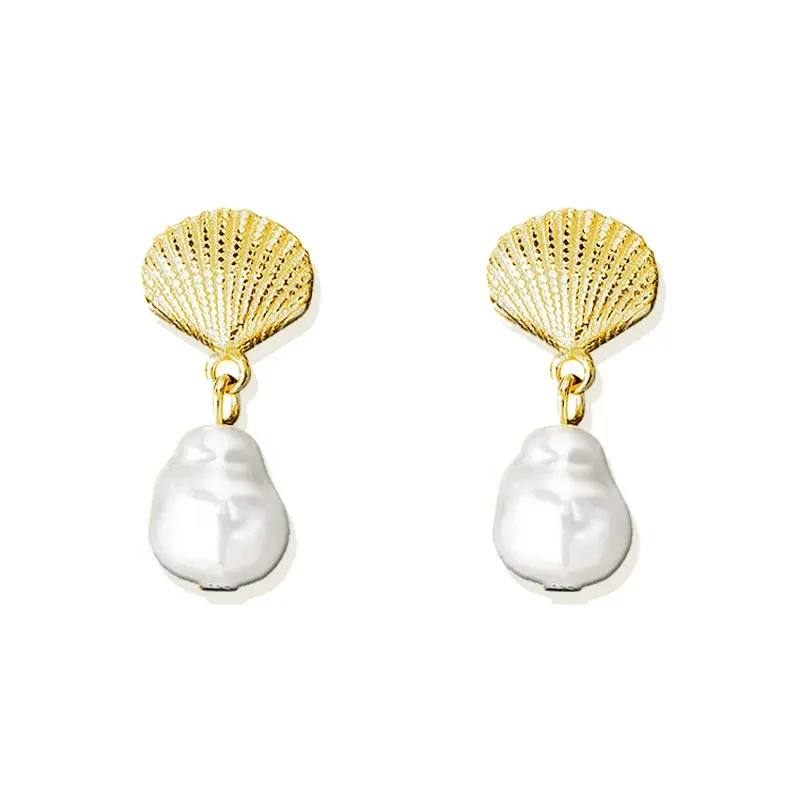 Cute Wholesale 925 Sterling Silver 18K Gold Plated Shell Shape Pearl Drop Dangle Stud Earrings for Women