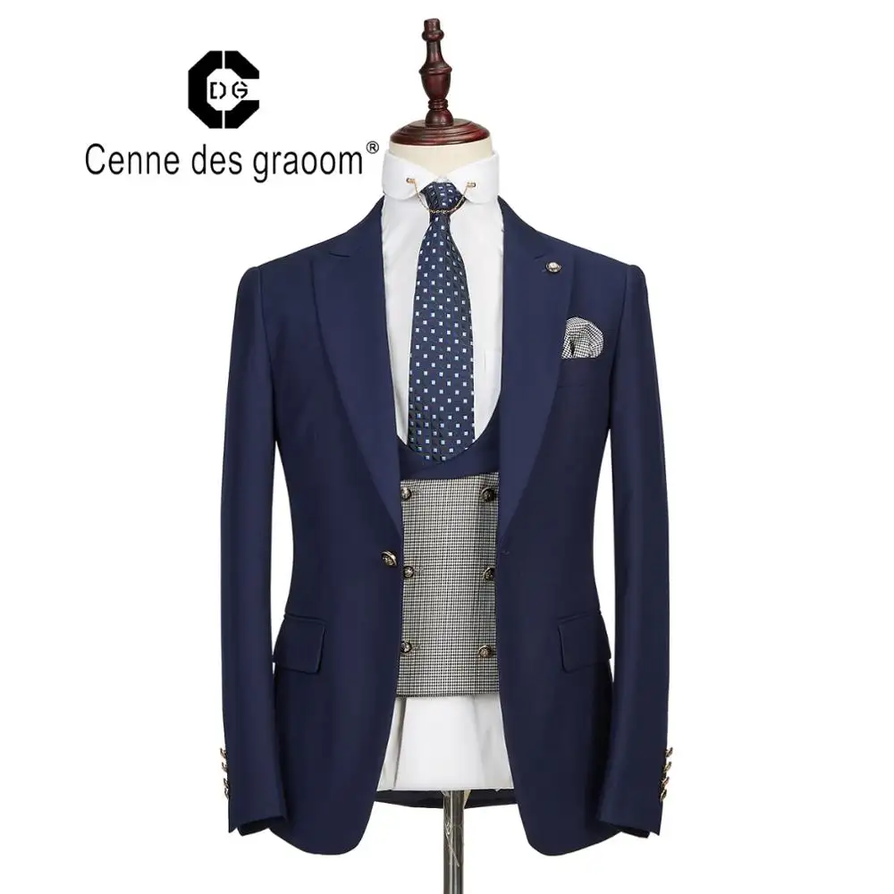 Mens Suits 3 Piece Slim Fit Wedding NAVY Business Dinner Suit for Men Cenne des graoom Lapel Blazer Waistcoat Trousers