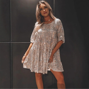 <b>Sequin</b> Dress Short Sleeve Round Neck Ruffled Loose Midi <b>Skirt</b> Cocktail Dress - Product Image 4