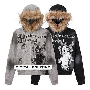 Custom High Quality <strong>Designer</strong> <strong>Zip</strong> up Cotton French Terry Graphic Print Oversized Acid Wash Faux Fur <strong>Zip</strong> up <strong>Hoodie</strong> for Men - Product Image 2