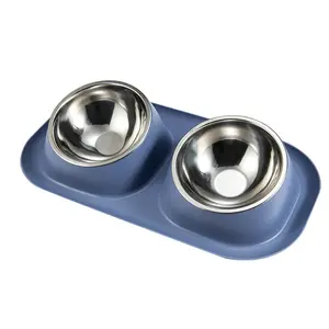 Anti leak Pet neater feeder cat dog bowls stainless steel tilted double diner bowl for food and water