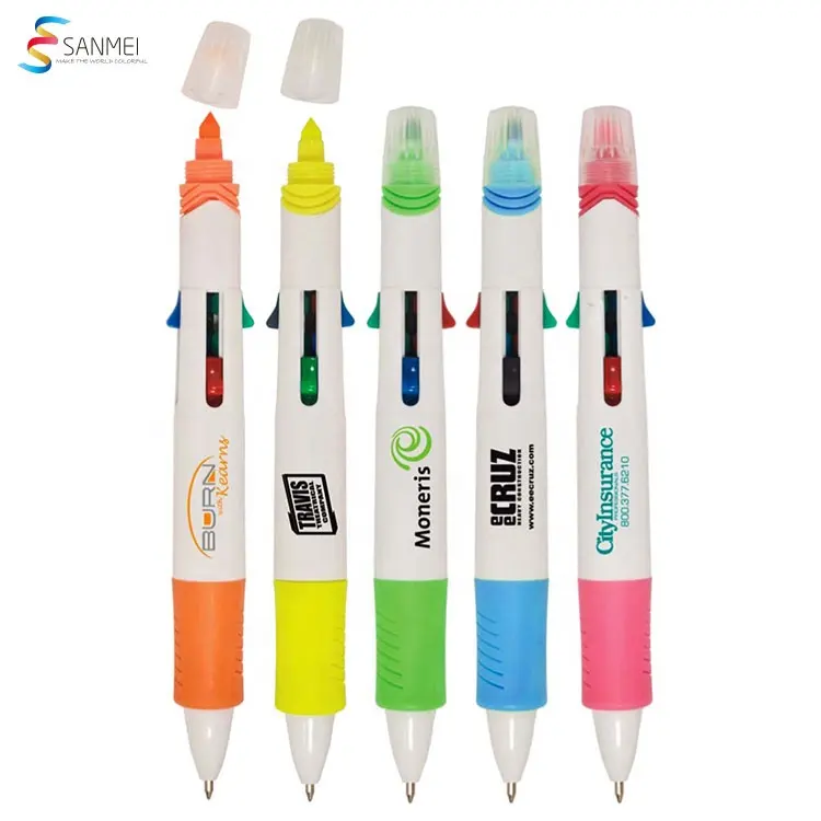 Promotional multi-functional 4 color ball pen with highlighter