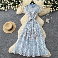 Robe longue élégante rose en dentelle pour femme, coupe trapèze, manches courtes, col montant, ceinture, fluide, pour occasions quotidiennes et fêtes
