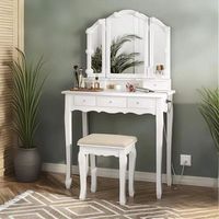 Ensemble coiffeuse de maquillage vintage avec ports USB et ampoules LED Coiffeuse avec miroir à trois volets Crochets et tabouret pour collier pour filles