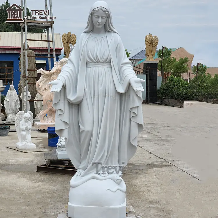 Handgesneden Religieuze Maagd Mary Stenen Sculptuur Natuurlijk Wit Marmer Onze Dame Van Genade Standbeeld