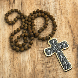 <span class=keywords><strong>Collana</strong></span> annodata in pietra vulcanica etnica Vintage <span class=keywords><strong>collana</strong></span> con strass di perle grigie con ciondolo a croce - Product Image 6