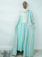 Ensemble 2 pièces Abaya ouverte à manches longues vert menthe uni avec rayures verticales intérieures, choix des acheteuses, tenue modeste d'été pour femme musulmane