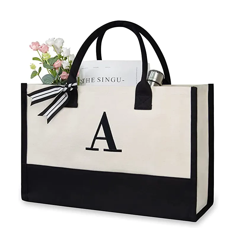 Personalized Initial Canvas Tote Bag Beach Bag Monogrammed Gift Custom Logo Tote Bag for Women