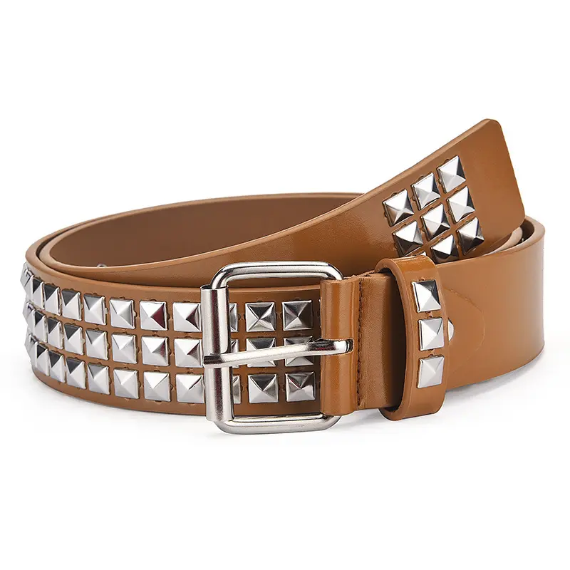 2024 New European American Style Square Rivet Metal Punk Hardware Casual PU Leather Belt for Men Women Made from Polyester