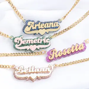 Kids Double Nameplate Acrylic Necklace DIY Custom Initial Name Baby 3D Glitter Pendant Personalized Jewelry Necklaces