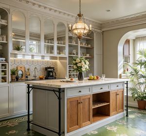 Meuble de cuisine gris clair vintage-chic - Armoires sophistiquées avec portes miroir et détails en bois chaleureux - Product Image 1