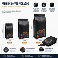 Sachet de café noir mat à huit soudures latérales avec fermeture éclair et valve unidirectionnelle, impression personnalisée, pochette à fond plat, vente en gros OEM