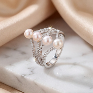 Bague en perles d'eau douce, bijoux en argent S925, bague large multi-perles et zircon pour femmes, vente en gros - Product Image 3