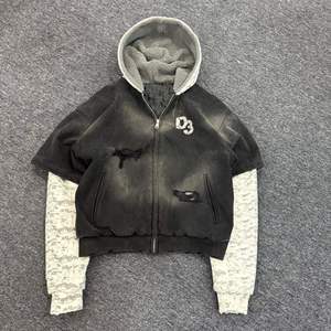 Custom Heavyweight <strong>Oversized</strong> Black Denim Vintage Washed Distressed Contrast Cotton Sleeves Zipper Hooded <strong>Jacket</strong> Manufacturer - Product Image 1