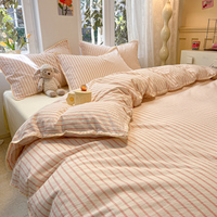 Parure de lit 100 % coton, simple, toutes saisons, rayée, 4 pièces, avec bord festonné, imprimé réactif