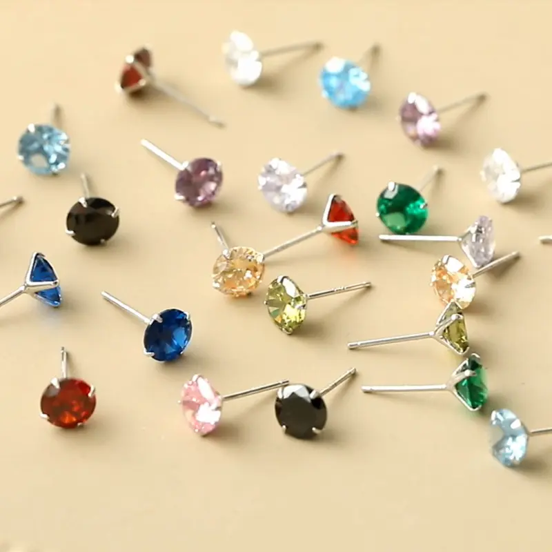 Wholesale 925 Sterling Silver 12 Colors Small Earrings Round Brilliant Cut Colorful Zircon Diamond Stud Earrings