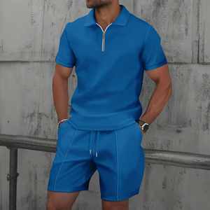 Conjunto de Dos Piezas para Hombre, Estilo Europeo y Estadounidense, Nuevo para Verano, Color Liso, Cierre de Cremallera, Solapa, Manga Corta, Pantalones Cortos - Product Image 2