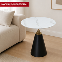 Table d'appoint conique en pierre frittée aspect marbre blanc, table d'appoint moderne, base en métal noir, mobilier minimaliste pour hôtel