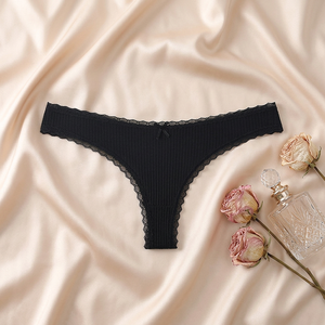 Braguitas de algodón acanaladas negras para mujer al por mayor, bragas de algodón sólido, suaves, transpirables, de secado rápido, de talle bajo, con encaje, tallas grandes. - Product Image 3