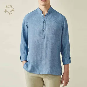 Camicia di lino sostenibile camicie a maniche lunghe da uomo camicie ecologiche henley per uomo camisas con logo personalizzato