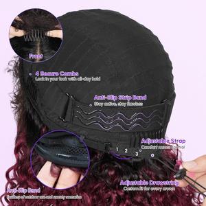 Perruque synthétique mi-longue à fibres douces, bouclée, effet vague d'eau, avec cordon de serrage, sans colle, couleur bordeaux/noir, pour femme - Product Image 4