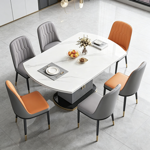 Ensemble de table à manger ovale moderne avec plateau en marbre blanc et 6 chaises en PU gris orange pour la maison, la villa, meubles de salle à manger - Product Image 2