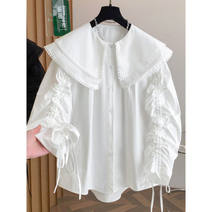 Chemisier Designer Niche à Cordon de Serrage, Nouvelle Collection Printemps 2026, Col Peter Pan Blanc pour Femme, Coupe Ample Polyvalente - Product Image 1