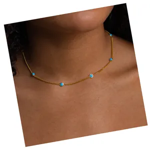 Mini Natural Stone Jewelry Turquoise Gemstone Round Beads Choker Stainless Steel Necklace Women