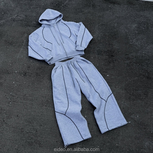 Fabricante de ropa, conjunto de sudaderas con capucha personalizadas, traje de jogging, punto de contraste, chándal gris, conjunto de sudaderas con capucha y pantalones de chándal holgados para hombres - Product Image 1