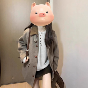 Retro Korean Style Lapel Wool Coat For Women Autumn Winter 2025 Short High End Petite Solid Color Pocket Design - Product Image 1