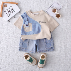 <span class=keywords><strong>Abbigliamento</strong></span> per Bambini, Set Estivo Trendy in Cotone per Ragazzini, Due Pezzi con Pantaloncini in Denim, Vendita all'Ingrosso - Product Image 2
