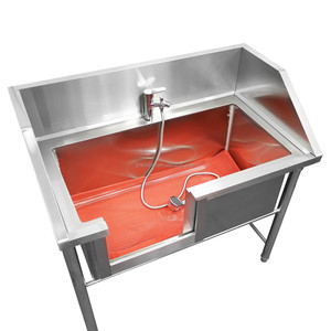 Baignoire professionnelle pour chien en acier inoxydable avec drain central, robinet et tabouret de toilettage - Product Image 3