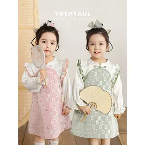 YOEHYAUL 2024 Girls' Spring Stitching Color False Two-piece Dress Children Girls' Reversible Embroidered Tassel Pendant Dress