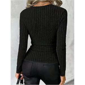 เสื้อถักคอวีแขนยาวทรงเข้ารูปสำหรับผู้หญิง แต่งกระดุมมุก สไตล์เซ็กซี่ เหมาะสำหรับใส่ไปเที่ยวคลับ - Product Image 3