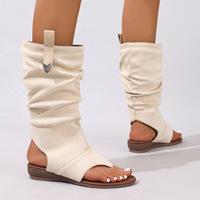 Bottes sandales mi-mollet souples pour femme, en faux daim, à bout ouvert, découpées, sans talon, hautes jusqu'à la cuisse, avec languette décorative