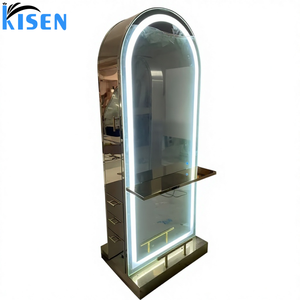 Vitrina de acero inoxidable KISEN para salón con iluminación LED y estantes de almacenamiento, espejo de diseño contemporáneo para barbería. - Product Image 3